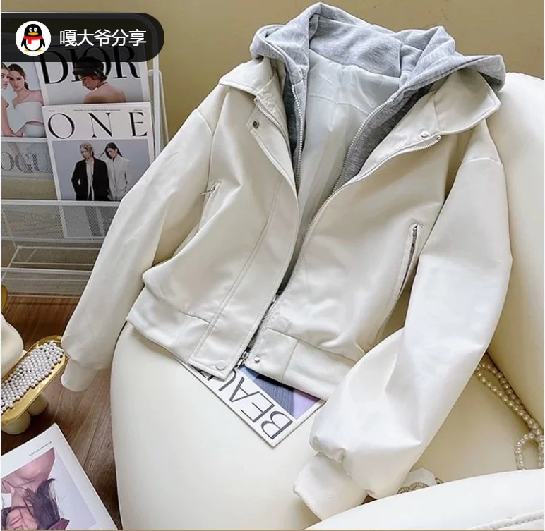 Korean Fashion Splice Design Hat Jacket Women's Spring 2026 Versatile Leather Jacket Fake Two-Piece Outerwear