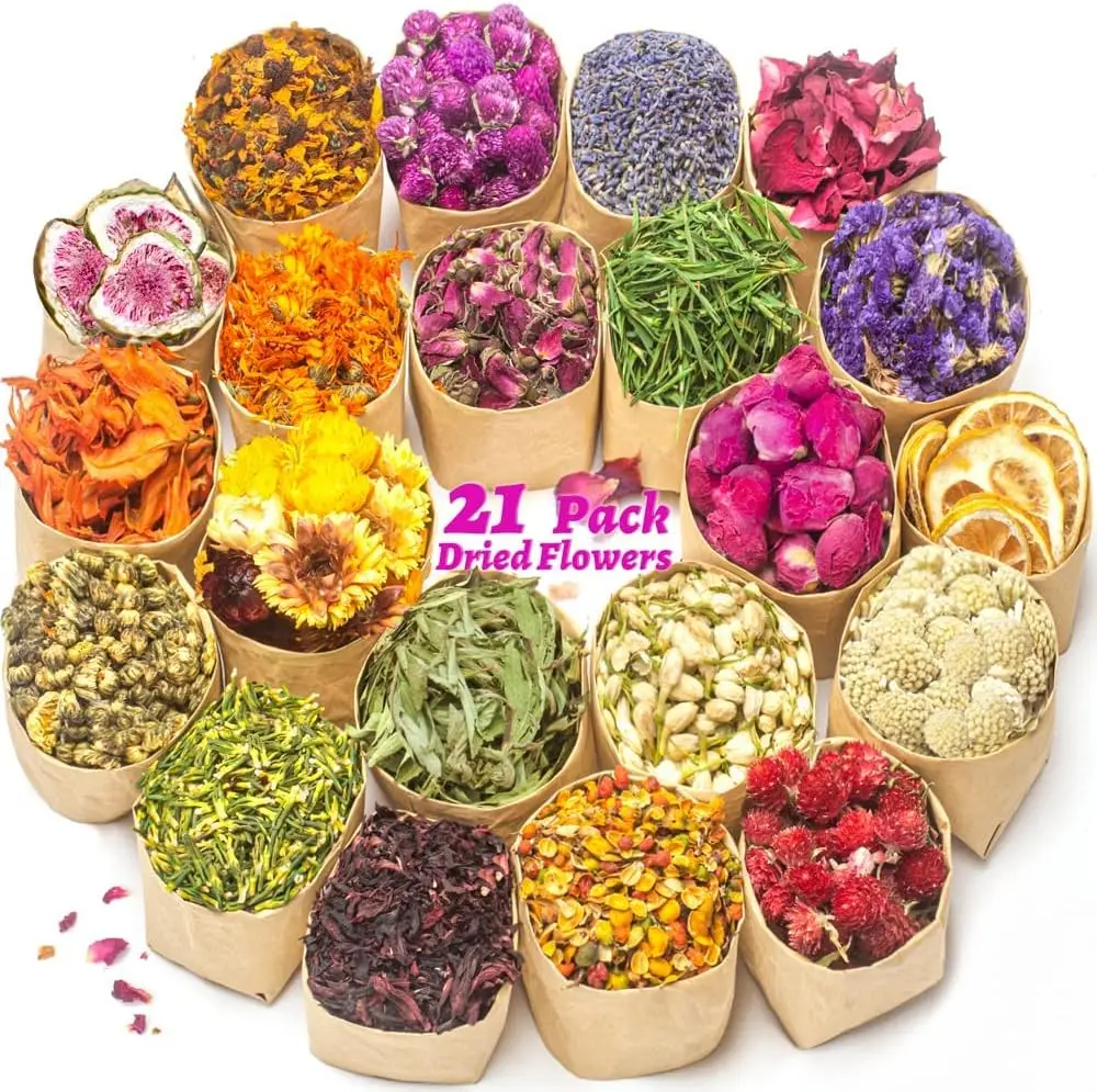 Dried Flowers 21 Bags Natural Herbs Kit for Soap, Candle, Bath, Resin Jewelry Making, Include Lavender, Rose, Jasmine