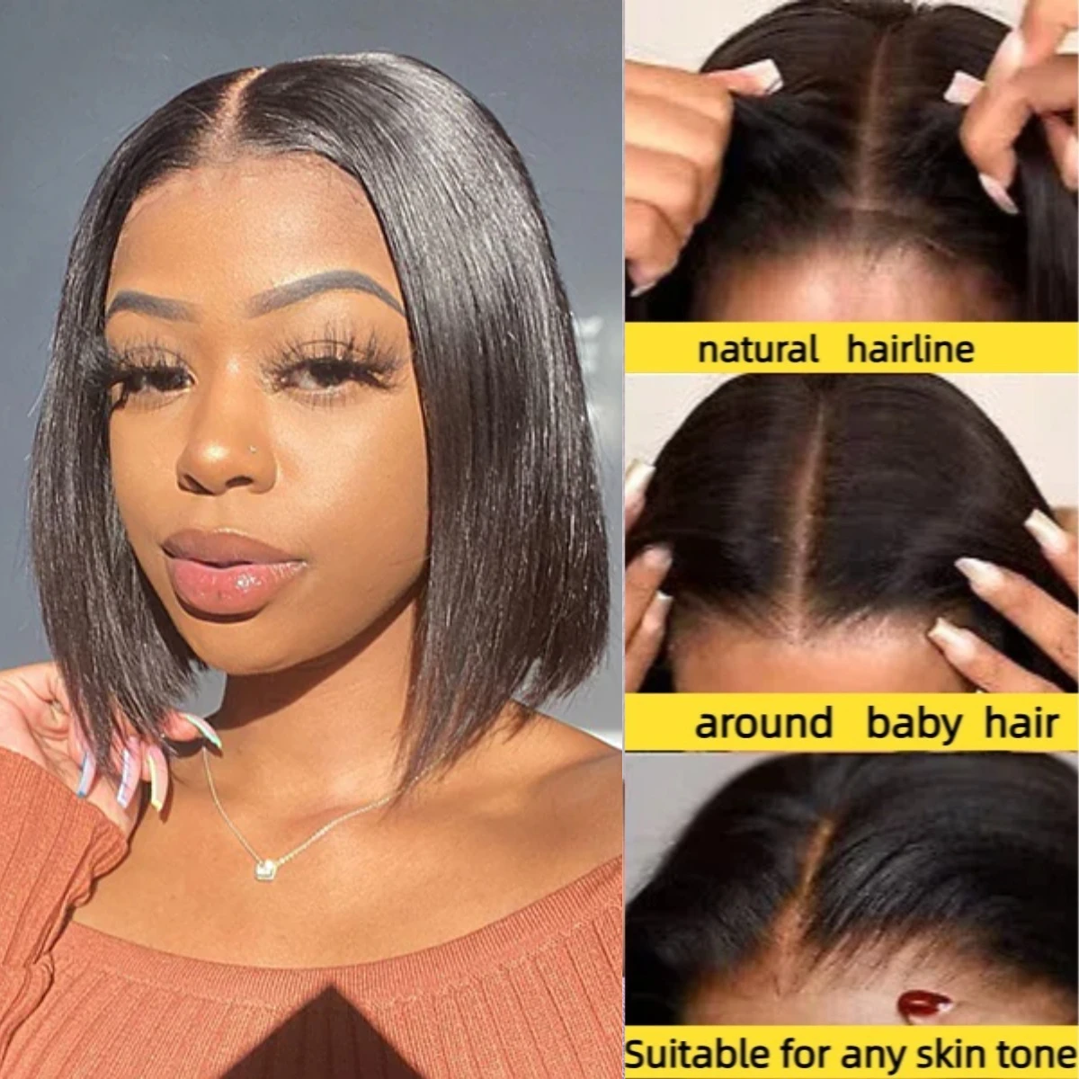 شعر مستعار قصير مستقيم بدون صمغ شعر بشري قبل قطعها قبل قطع 180% كثافة شعر بشري للنساء السود شعر مستعار قصير مستقيم بوب