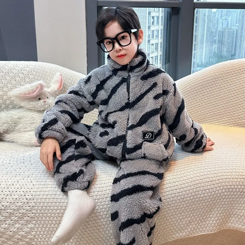 2025 Winter Kids Coral Fleece Pajamas Boys' Homewear Flannel Plus Size Thermal Sleepwear for Teenagers Thickened Winter Clothing