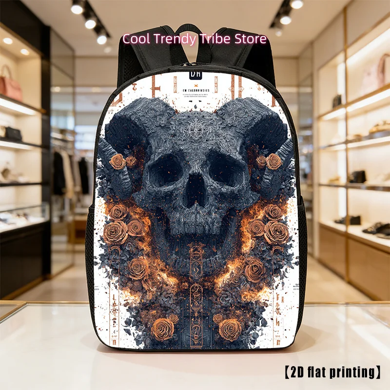Flaming Skull Print Backpack - Large Capacity Lightweight Hiking & Laptop Bag Suitable for, Commuting, Travel, Adjustable Should
