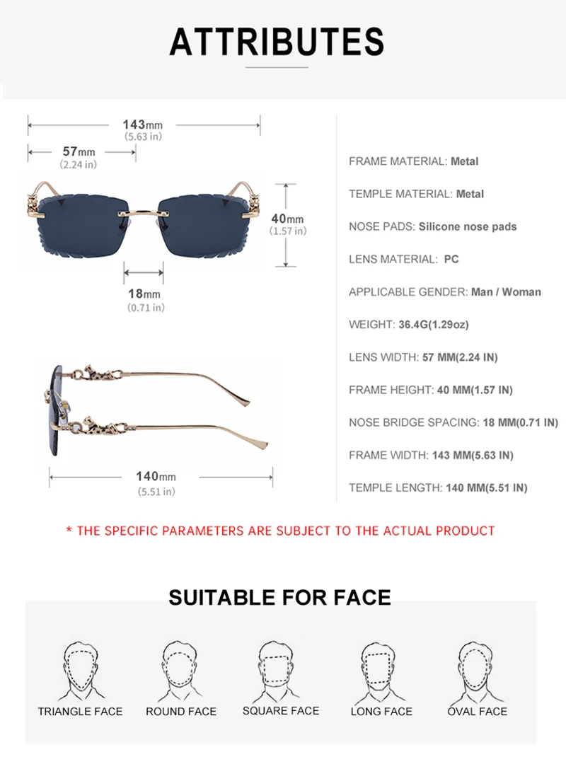 Mimiyou Quadratische randlose Sonnenbrille für Herren, hochwertige Outdoor-Brille für Damen, Grace Fashion-Brille, Marke UV400, Sonnenbrille – Detail 16