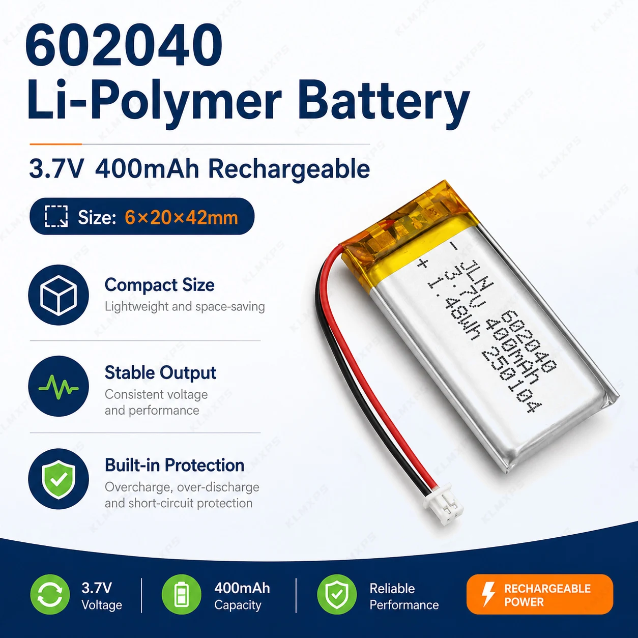 602040 400mAh Polymer Lithium 3.7V Rechargeable Battery with JST 1.25mm for Bluetooth Headset Beauty Device Small Electronics