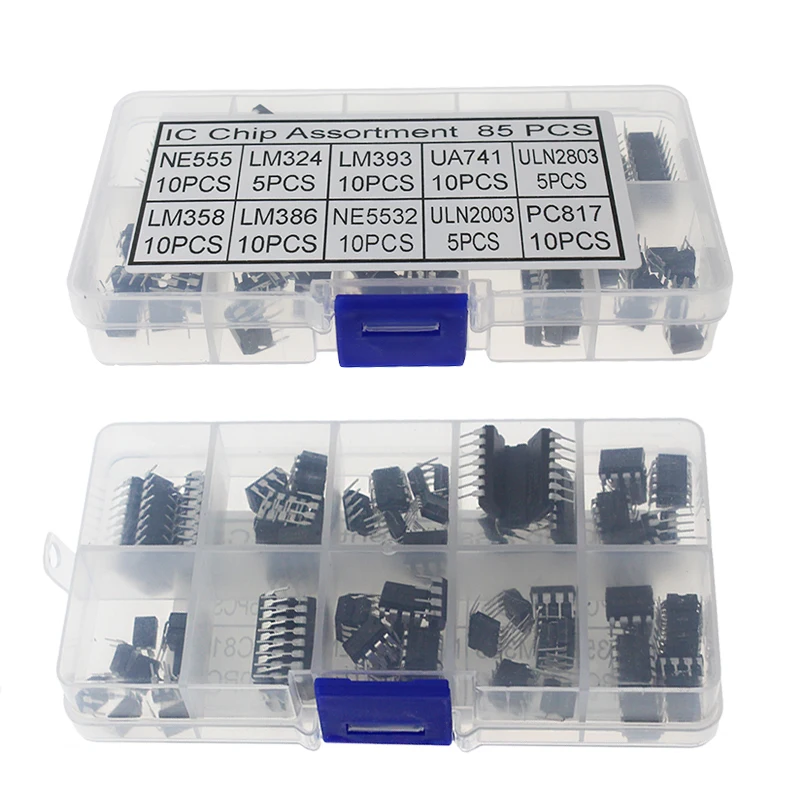 10 أنواع 85 قطعة من المواصفات IC NE555 LM324 PC817 مجموعة شرائح الدوائر المتكاملة DIP الإدراج المباشر