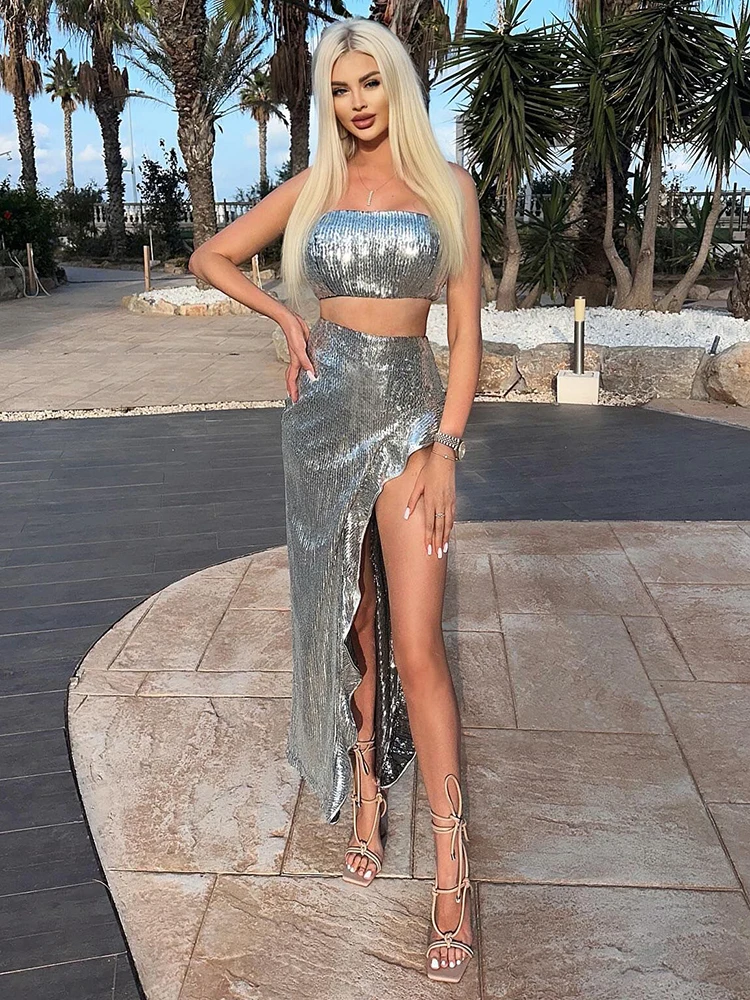 Vrouwen sexy zilveren pailletten jurk set strapless crop top en ruches zijsplit rechte lange rok sprankelende streetwear