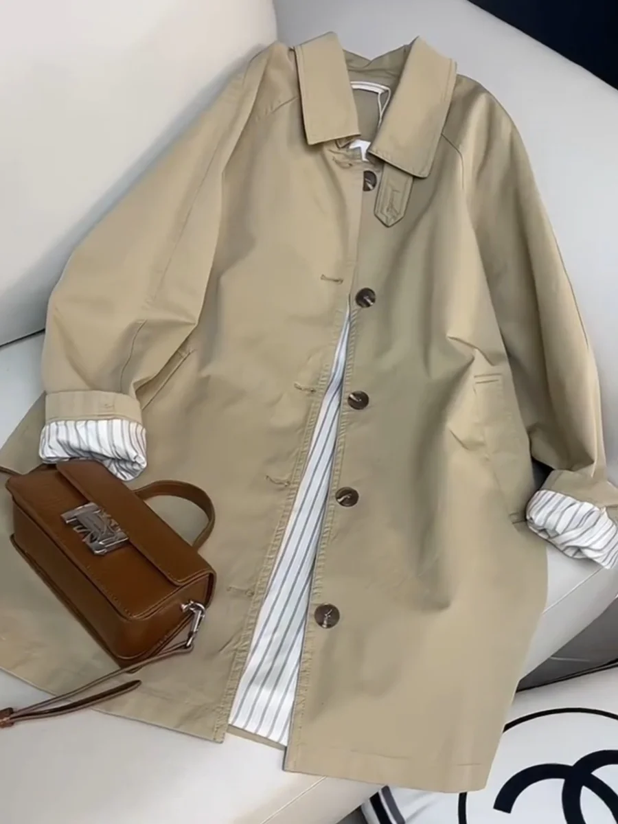 Khaki British Style Women's Long Coat 2024 Spring Commute Lengthened Jacket  Collar Single Button Other Material 100%