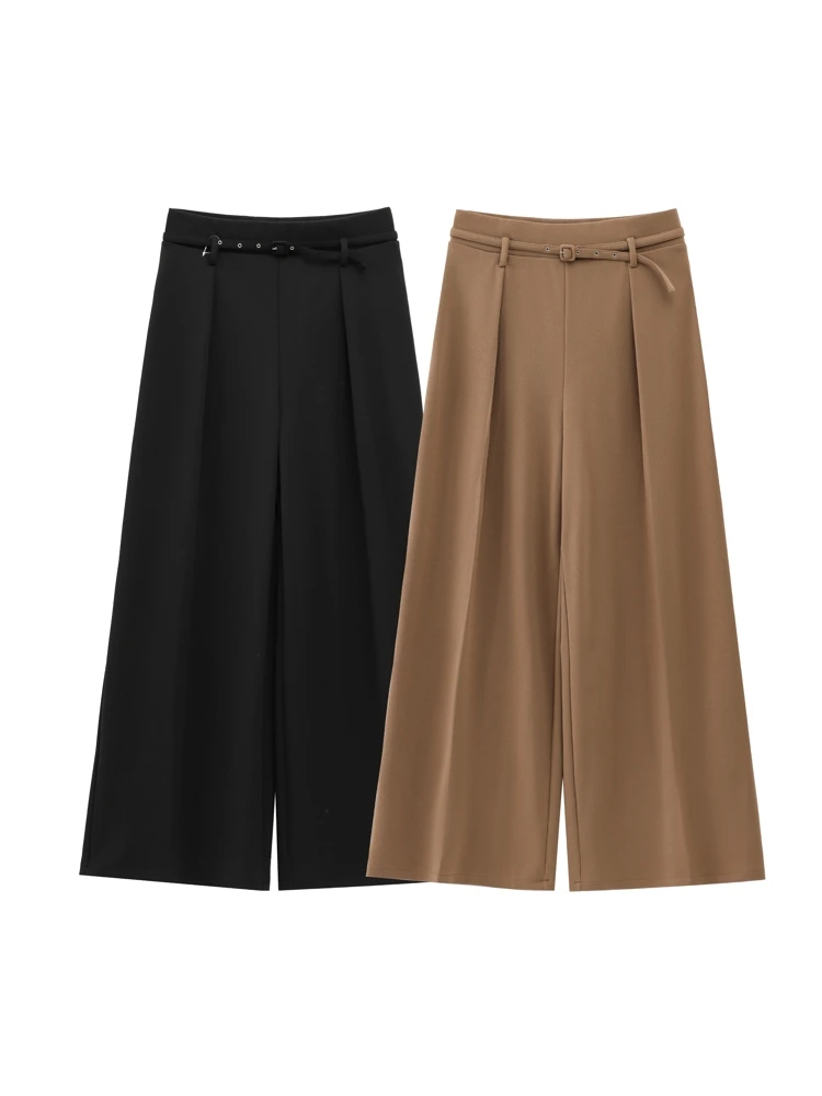 

OUROPEAN ZTATION 2025 Spring Lady Trendy Wide Leg Pants High Waist Casual Autumn Wear Woman's Long Pants Ruffles belt Bottoms