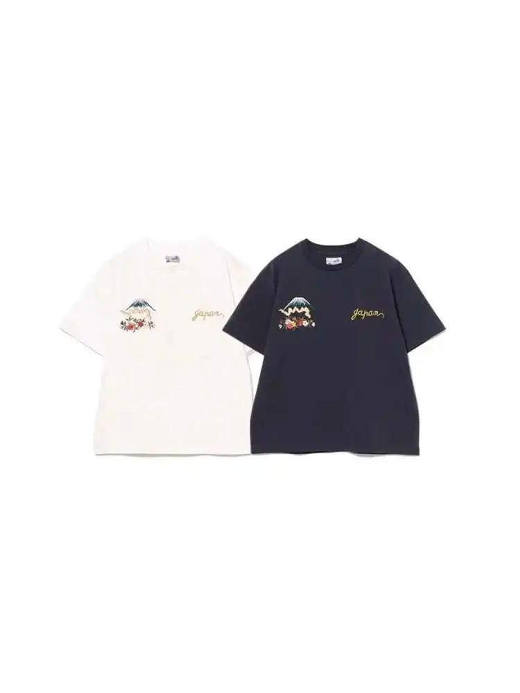 25SS اليابانية الرجعية الربيع/الصيف جديد زهر الكرز رسالة جولة الرقبة عارضة قصيرة الأكمام تي شيرت للرجال والنساء