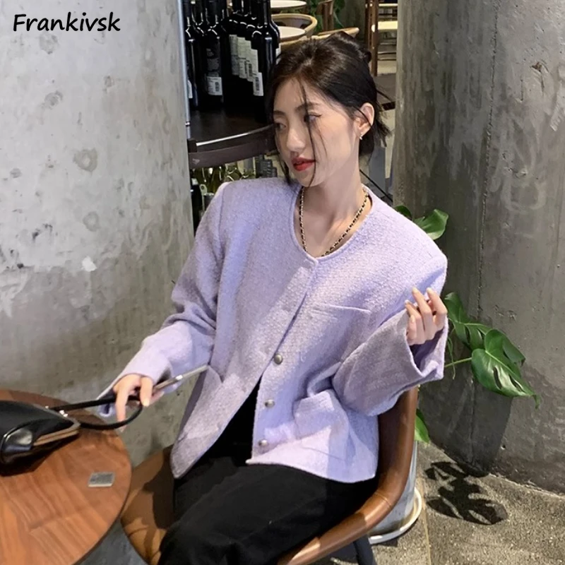 

Женская однотонная элегантная осенне-зимняя верхняя одежда из смесовой шерсти, эстетичная праздничная одежда Ulzzang с литературными карманами, универсальная студенческая одежда для колледжа