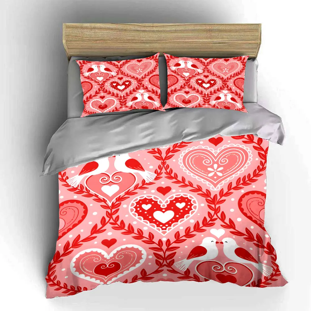Hearts and Lovebirds Pattern Pattern Duvet Cover Set Digital Print Colorful Polyester Bedding with Zipper Closur for kids gifts 5