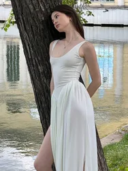 Articat Elegant Sleeveless Elastic Tight Long Dress Women Fluffy Skirt Split Backless Evening Dress Slim Party Vacation Vestidos