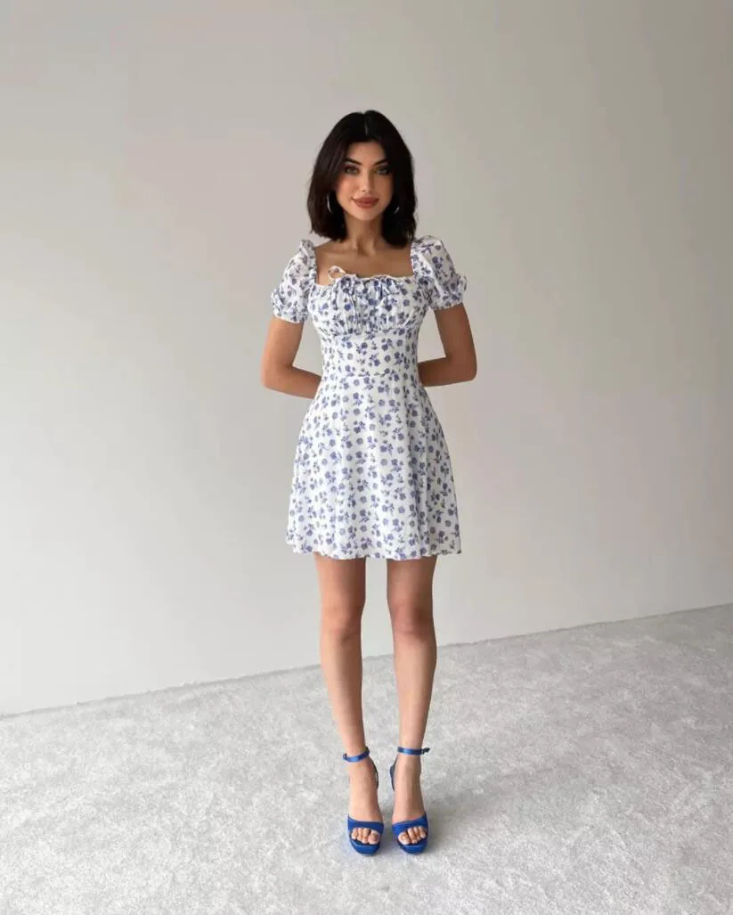 Damesjurk met bloemenprint en pofmouwen, elegante zomerjurk met pofmouwen