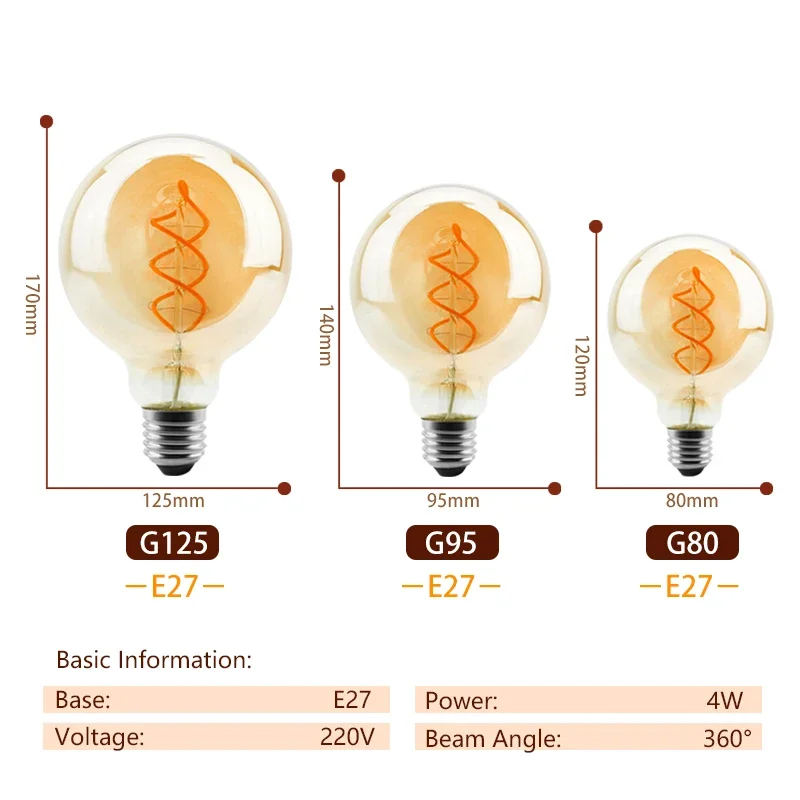 Retro Spiral Filament LED Bulb A60 C35 ST64 T45 G80 G95 G125 T1225 4W E27 220V Dimmable Edison Lamp 2200K Warm Yellow Led Light