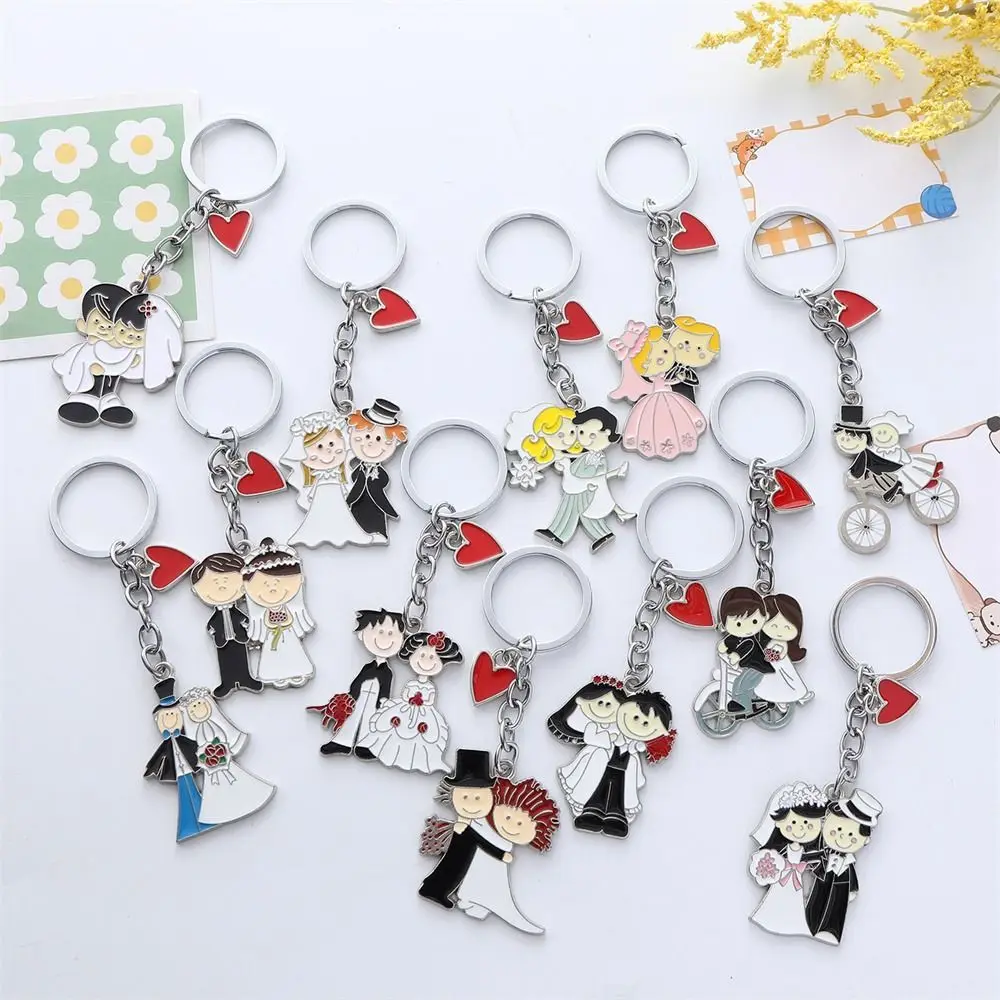 Enamel Bride Keychains Exquisite Wedding Dress Heart Love Couple Key Ring Get Married Cartoon Bridegroom Keychains Women Girls