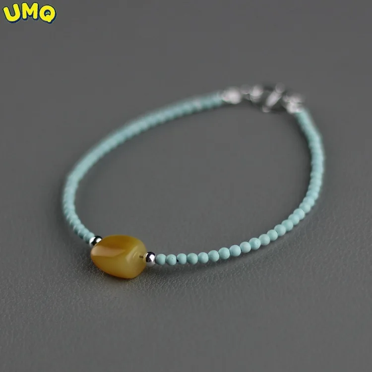 

Raw Mineral Natural Turquoise Single Loop Bracelet Women's Creative Handmade Fine Style 925 Silver Accompanying Honey Wax Access