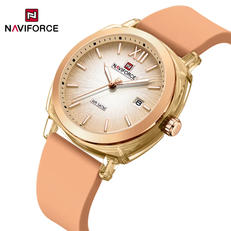 

Женские часы Naviforce с календарем и светящимся силиконовым ремешком, водонепроницаемость 5 атм, роскошные модные простые женские наручные часы 2025