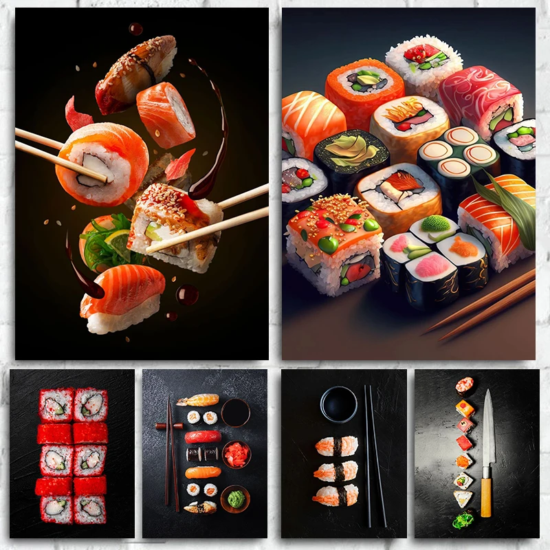 Póster de comida japonesa tradicional, póster de Sushi, pintura en lienzo e impresiones a mano, imagen artística, restaurante, cocina, decoración de habitación, regalos