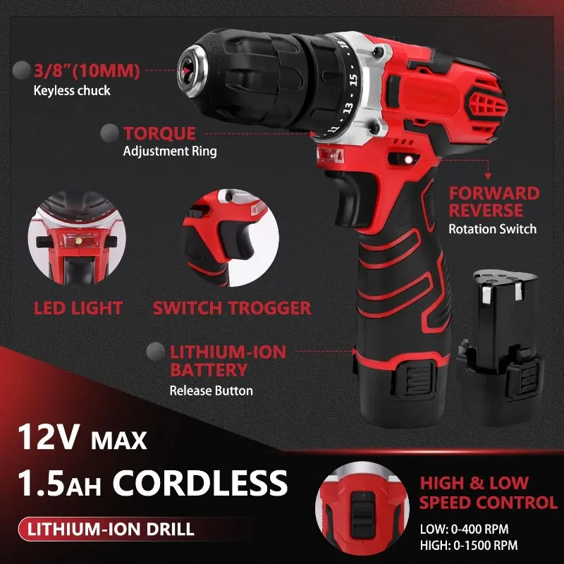 276Piece Hand Tool Set with 12V Cordless Power Drill Driver - Toolbox Storage Case with Drawer Perfect for Homeowner