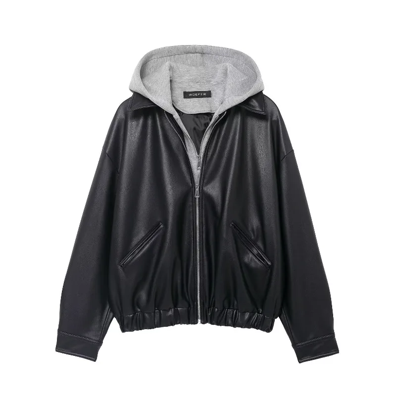 سترات نسائية أساسية من جلد البولي يوريثان الصناعي مع غطاء للرأس وجيوب كبيرة الحجم وسحاب للدراجات النارية معطف أسود ملابس الشارع الشهير للسيدات