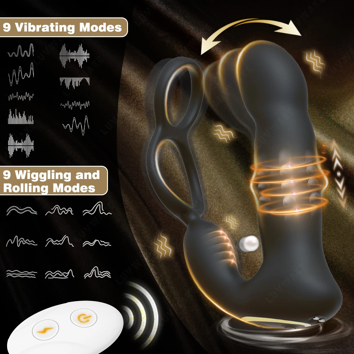 9 Wiggling Thrusting Beads Prostate Massager Vibrating Butt Plug with Penis Ring Vibrator Anal Dildo Prostate Stimulor for Men