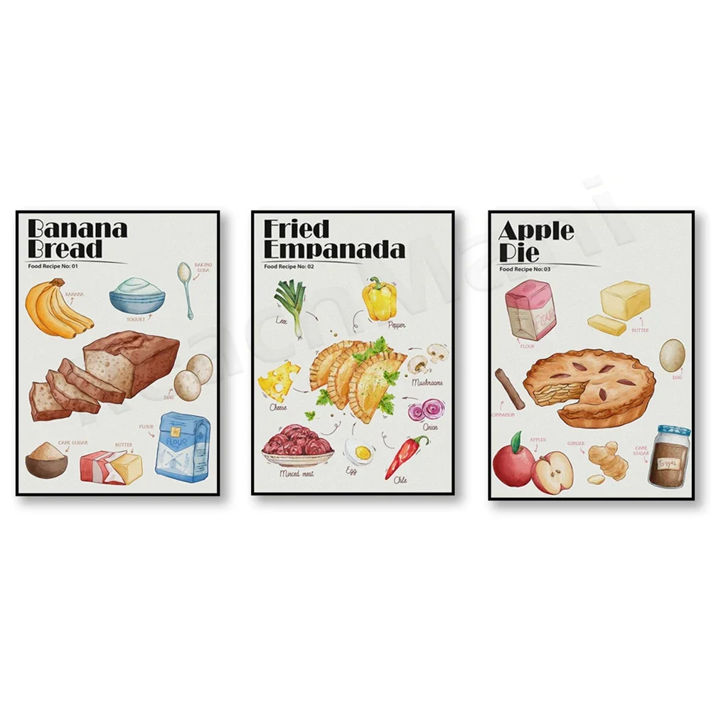 Receta de pan de plátano - Cocina vegetariana, Frittata de cocina española, postre de tarta de manzana, cartel de cocina de comida tradicional