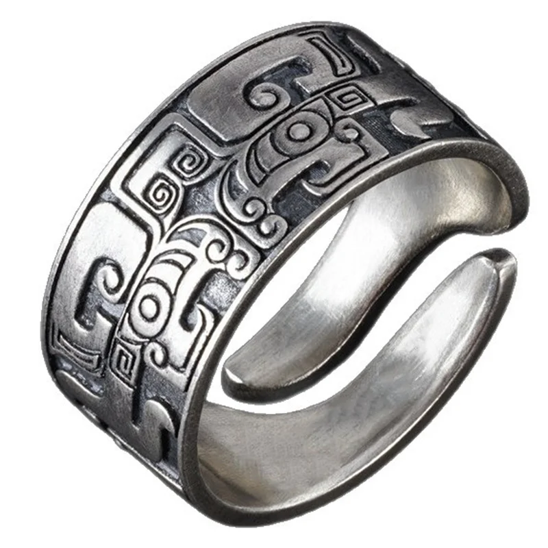Ethnic Style Taotie Lines Pattern Ring Male Index Finger Accessories Lucky Ancient Divine Beast Ring For Men Jewelry Open Size