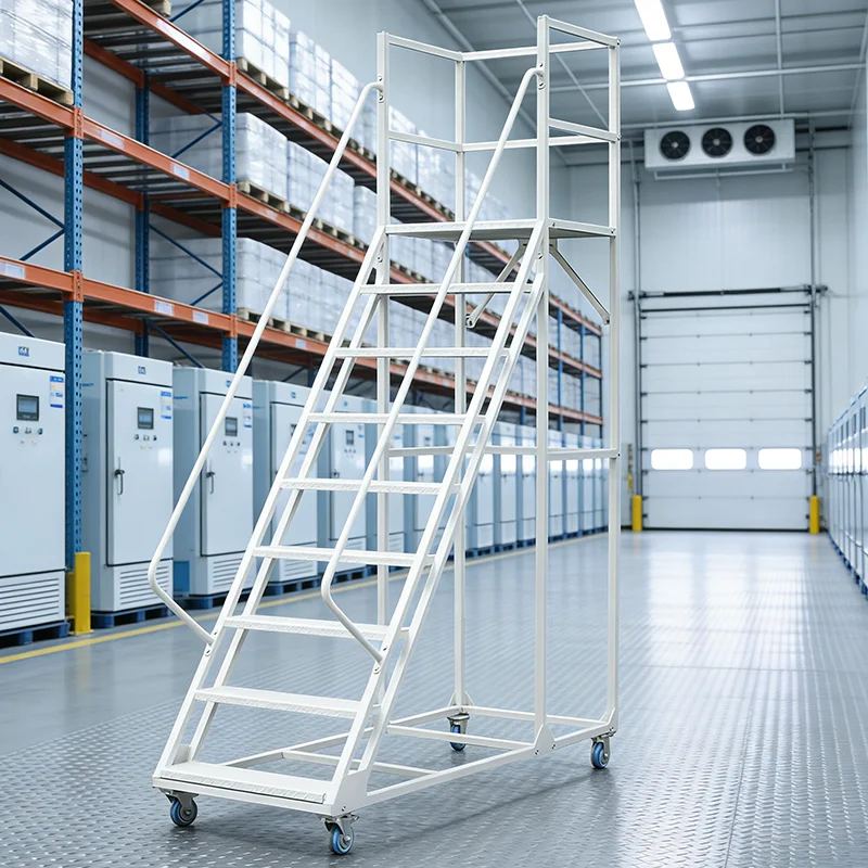 

New mobile adjustable storage rack with rolling ladder and metal ladder