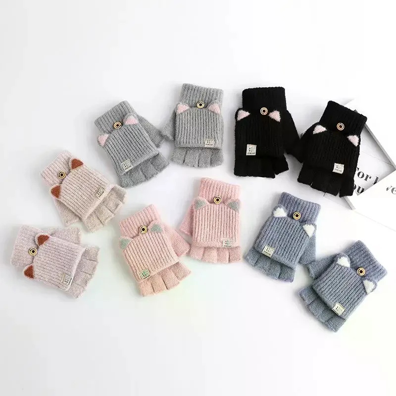 

Женские перчатки-варежки с кошачьими ушками, зимние, теплые, эластичные, модные