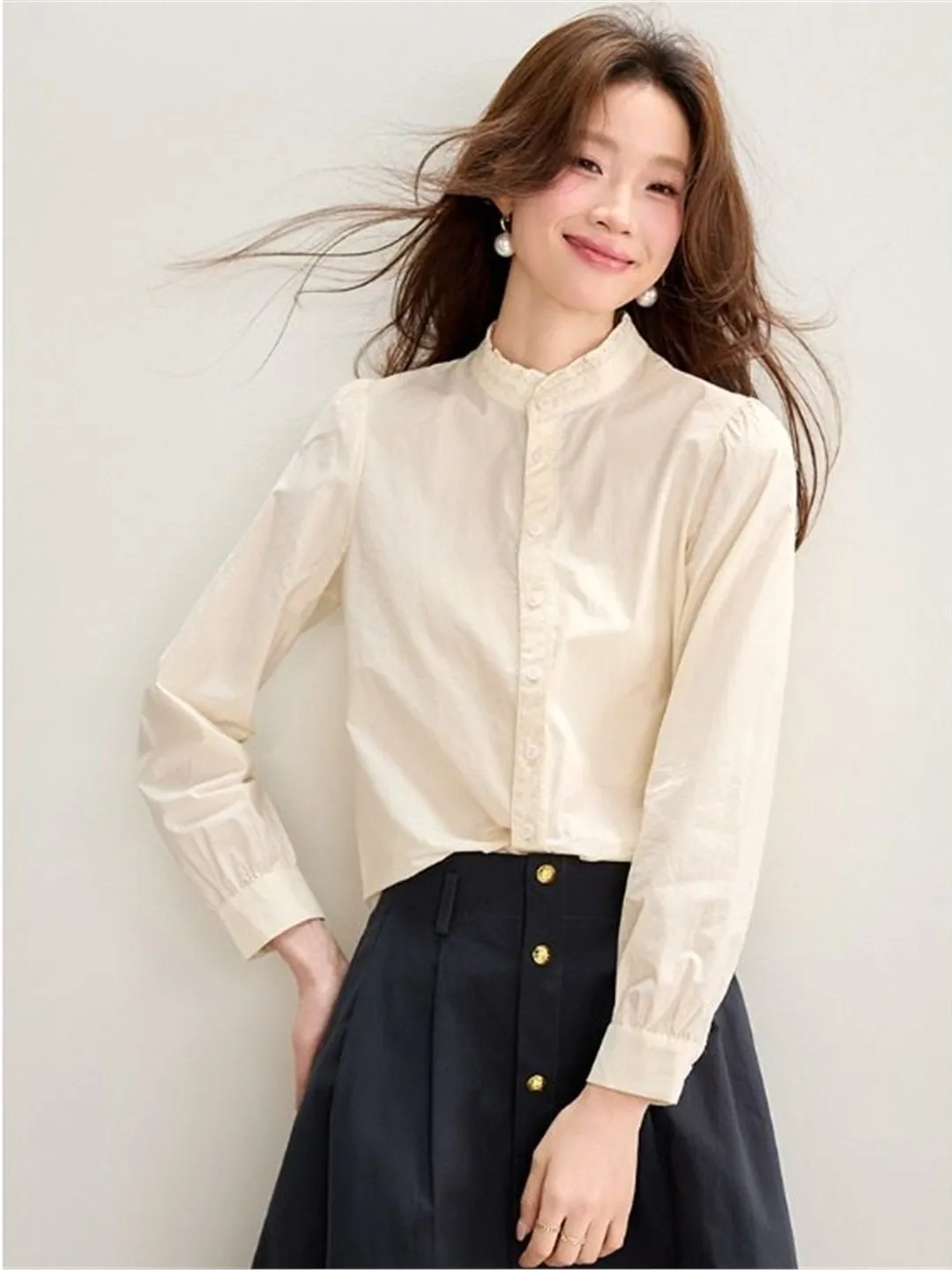 

Pure Cotton Long Sleeve Blouse Women's Spring Commute French Style Shirt Lace Trim Stand Collar Sleeveless Cardigan