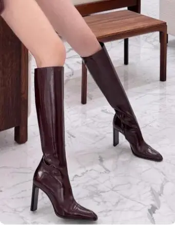 

Autumn Women Burgundy Leather Small Square Toe Zipper Side 7 9 CM Block Heel Slim Knee High Boots Long Knight Boots Shoes Lady