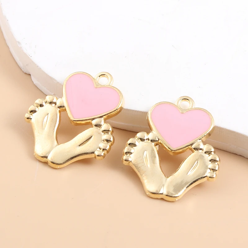 5pcs Cute Heart Feet Enamel Charms Baby Born Love Pendants For Making Handmade DIY Jewelry Accessories Necklace Crafts Findings