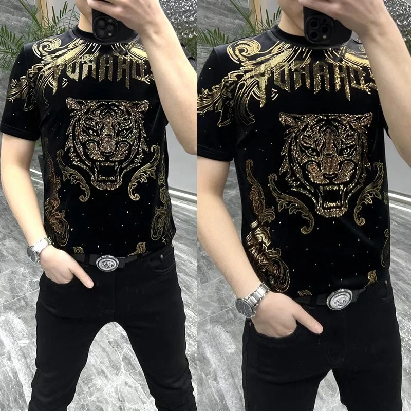 Short Sleeve 2026 New Hot Diamond Printed Men\'s T-shirt Summer Leisure Loose Matching Style