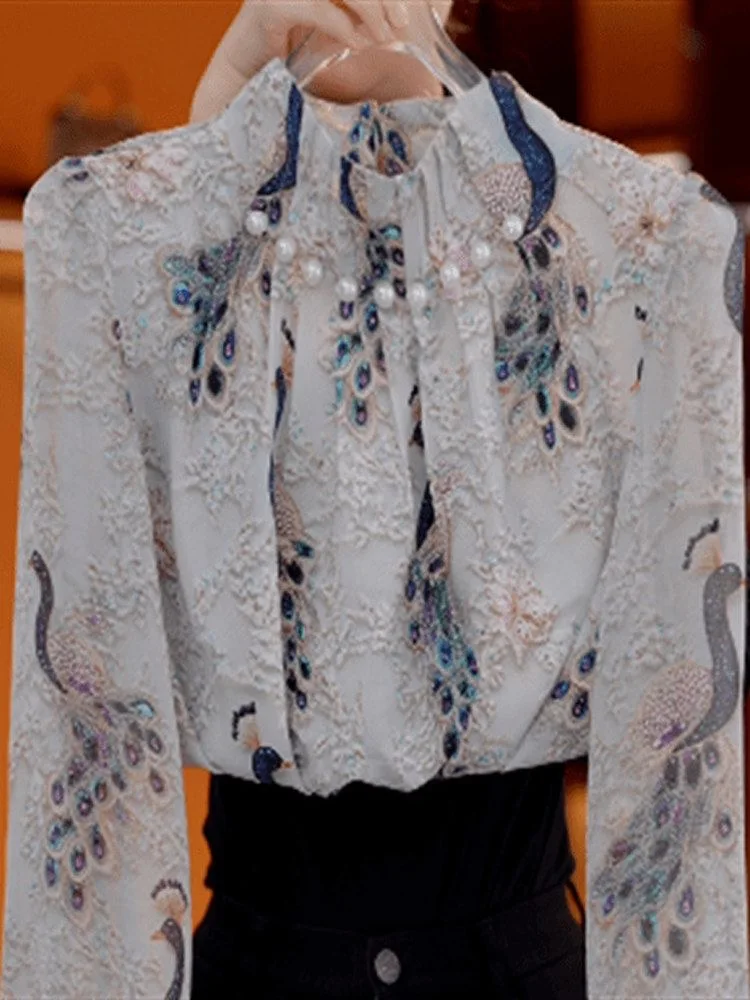 

Elegant Retro Style Fashionable Beaded Shirt 2026 New Design Mommy's Top Polyester Fiber Spring Season Ladies' Set