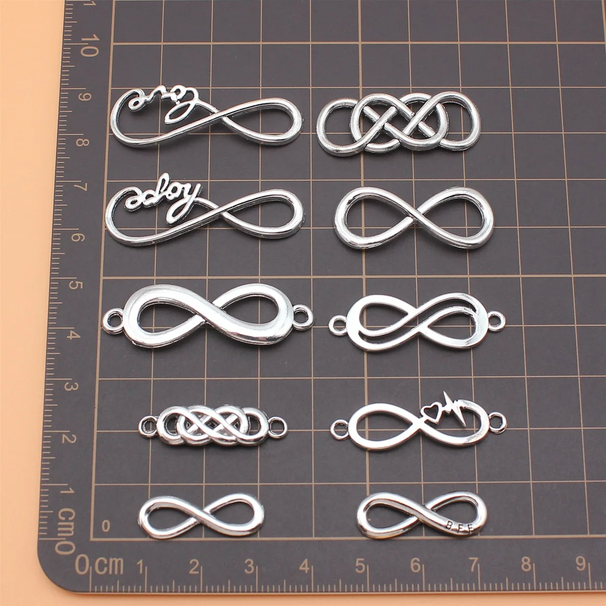 10pcs Antique Silver Color Infinity Symbol Charms Collection For DIY Jewelry Making, 10 Styles, 1 of Each