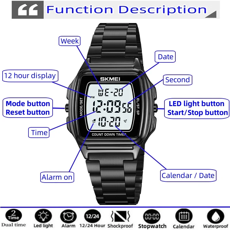 Skmei Luxusmarke, wasserdichte Digitaluhren, 24-Stunden-Anzeige, LED-Licht, Chronograph, modisches Edelstahlarmband, Dualzeit