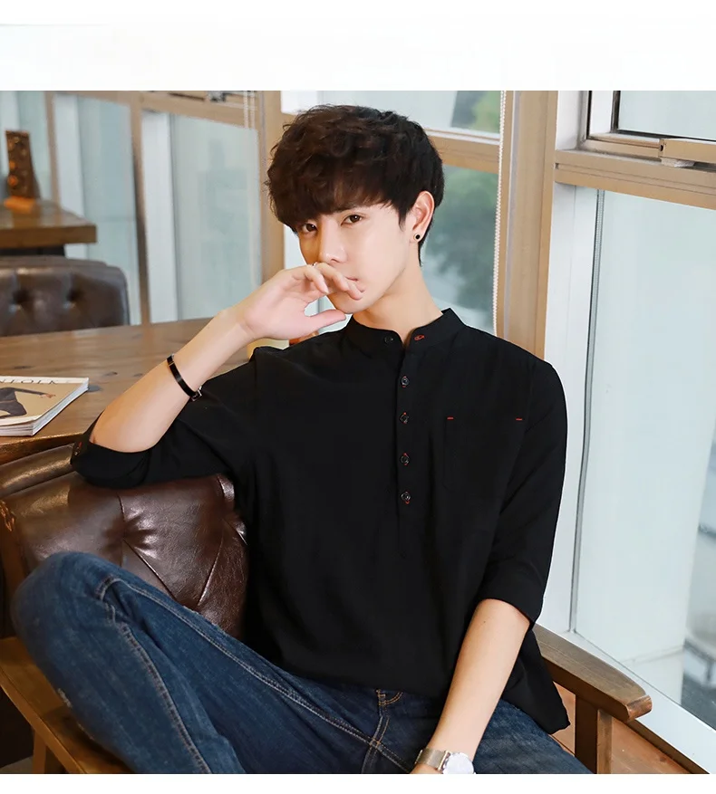 

Loose Men's irt f Open Button Seven Sve Stand Collar Cotton Summer New Sle 2026 for College Students And Men