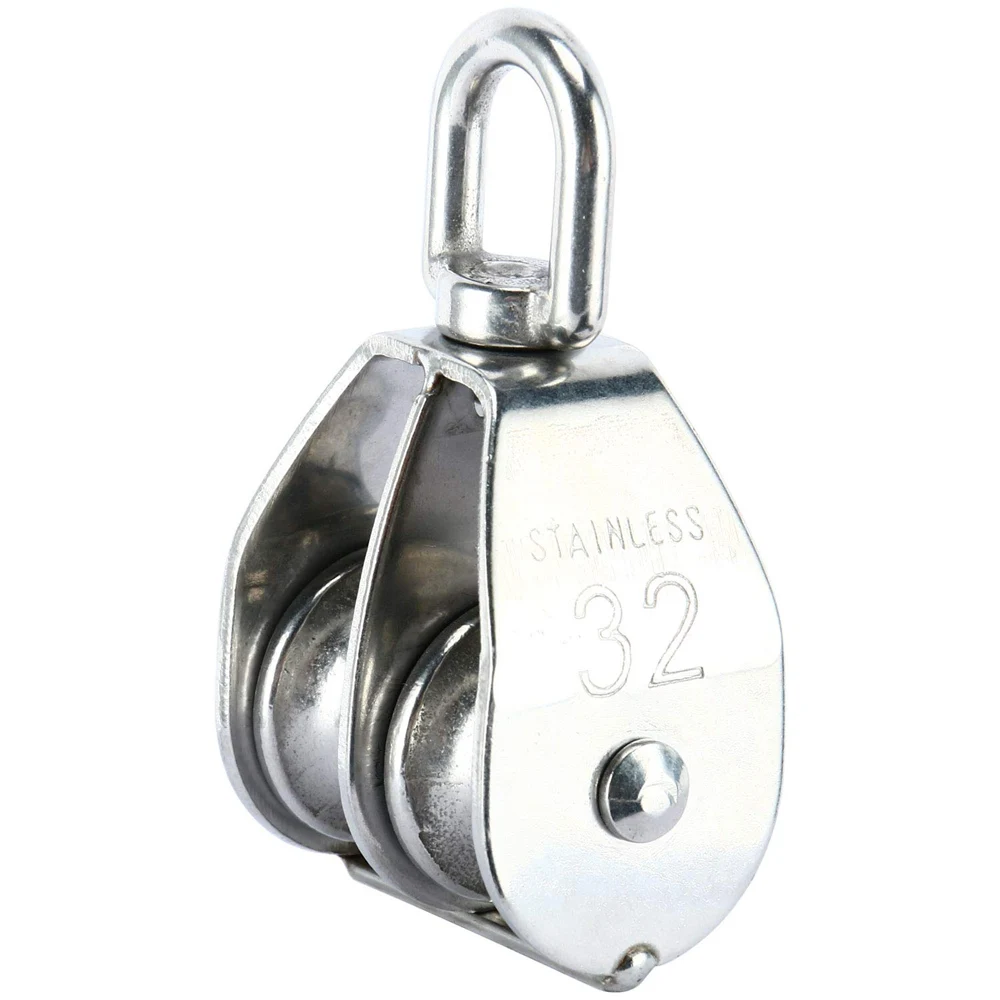 1PCS M32 Lifting Double Pulley Stainless Steel Heavy Duty Double Wheel Swivel Lifting Rope Pulley Block