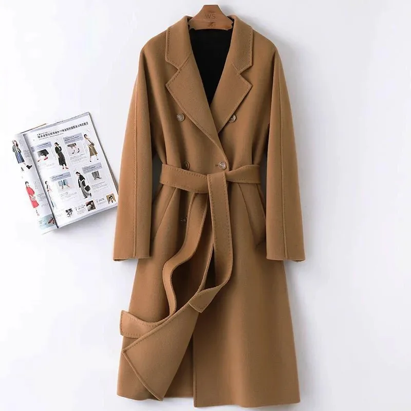2025 High End Water Ripple Double-sided Wool Coat Women Long Bathrobe Style Autumn Winter Coat For Female Outerwear