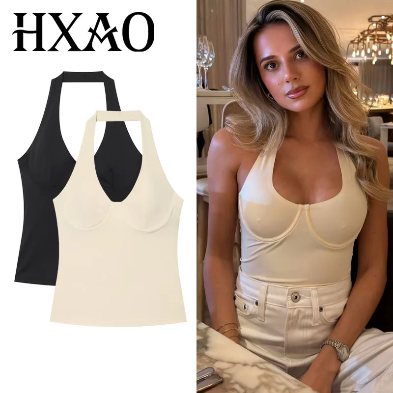 HXAO Halter-Top für Damen, Sommerliches Ärmelloses Crop-Top, Rückenfreies Bustier-Oberteil in Beige und Schwarz, Schulterfreies Korsett