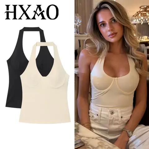 HXAO Halter Top Women Crop Top Summer Sleeveless Tank Tops Backless Cropped Bustier Vest Beige Black Off Shoulders Female Corset