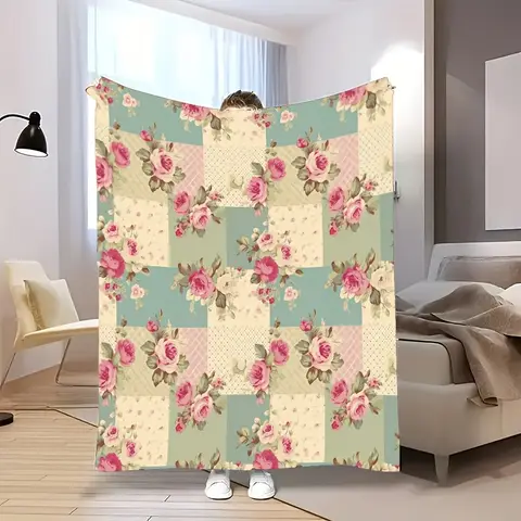 1pc Vintage Floral Patchwork Flannel Throw Blanket - Soft, Warm, and Cozy with Pink Roses and Green Leaves Design, Perfect for B
