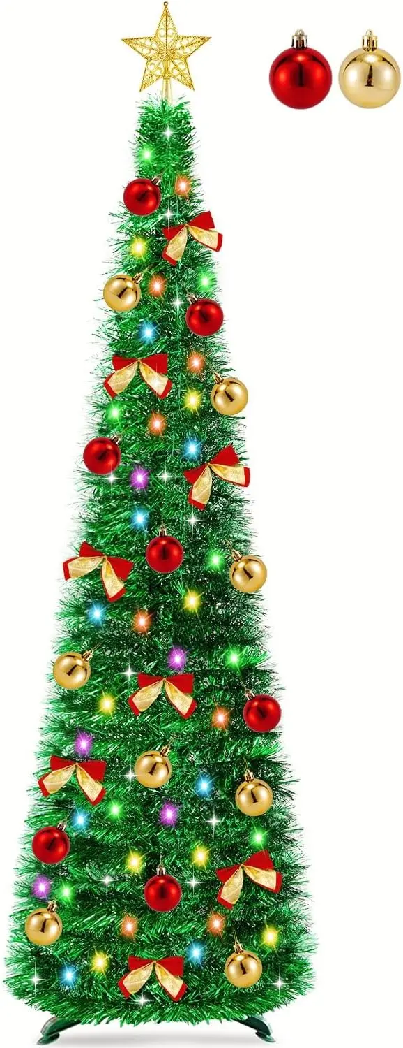 

5 Ft Up Pencil Christmas Tree with Timer, 60 Warm White & Multicolor Lights, Tinsel Tree with 16 Ornaments & 8 Bows