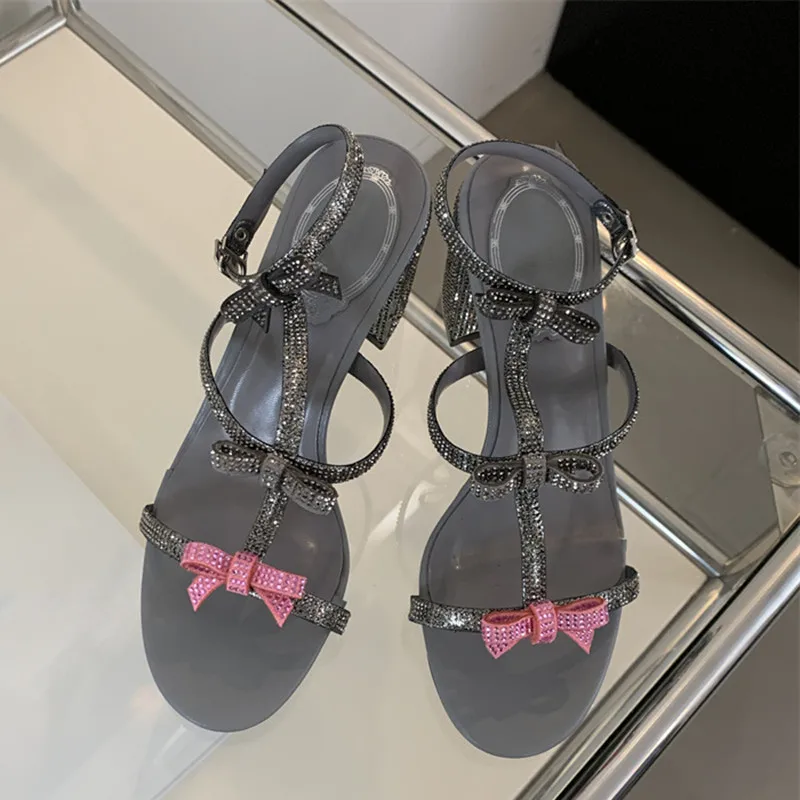 Luxury Rhinestones Bowknot Women Sandals Fashion Narrow Band Thick High heels Gladiator sandals Summer Party Shoes Sandalias