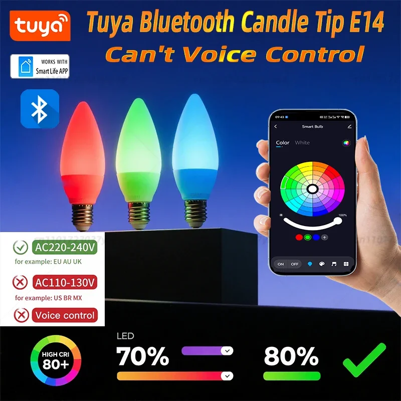 Led Bulb Candle Smart Lamp E14 TUYA Bluetooth Dimmable RGB Light 220V Tuya APP Group Control Smart Life For Home Room Decoratio