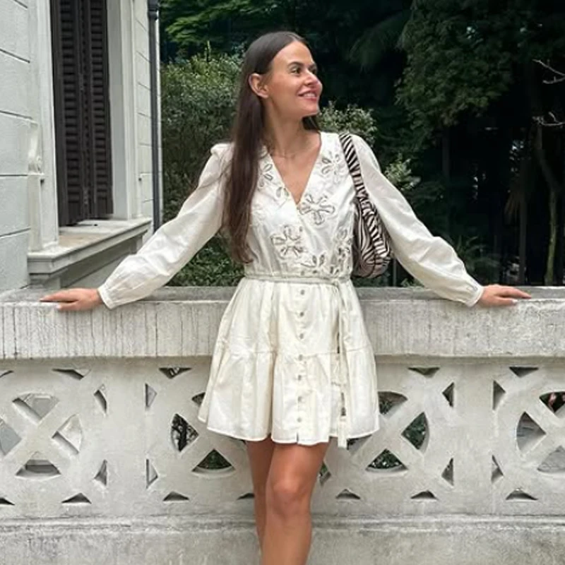 HXAO Woman 2025 Embroidery Short Dresses Pleated Floral Mini Dress Summer Belt Long Sleeve Dresses Boho Beach Elegant Lady Dress