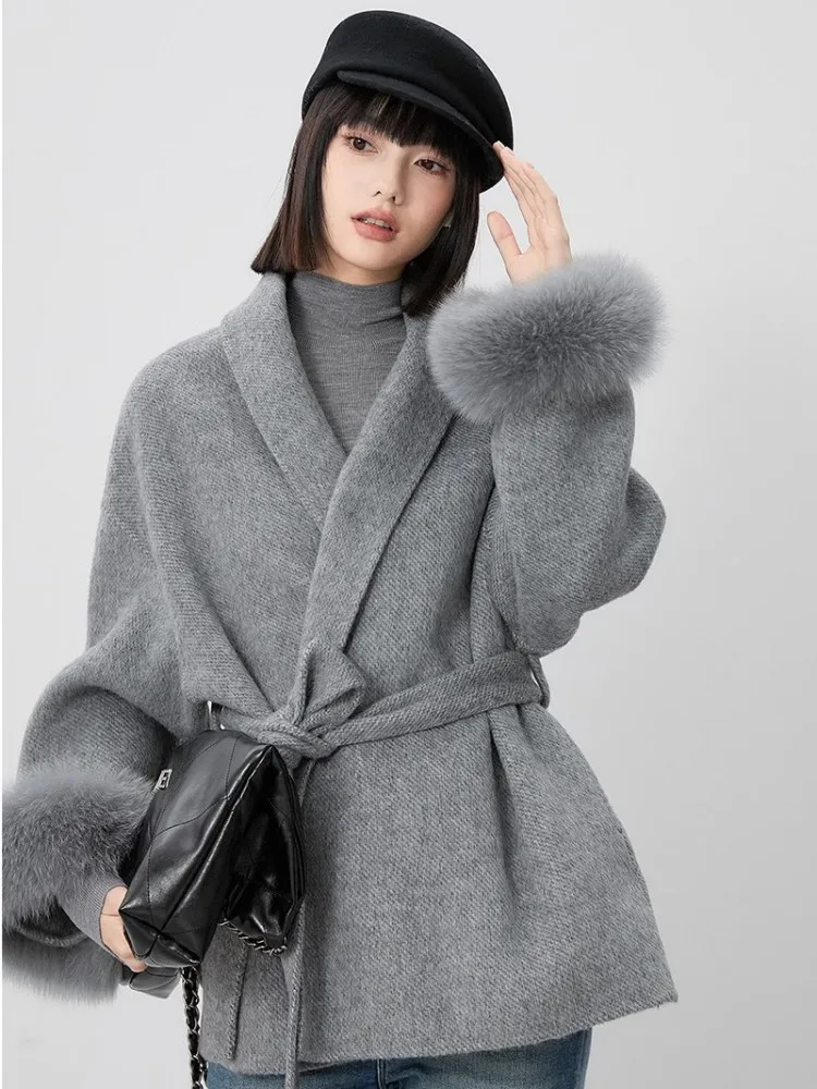 Double Sided Cashmere Coat With Straps For Women\'S Autumn And Winter Haute Couture Cape Fur Cuffs Detachable Fox Fur Short Coat