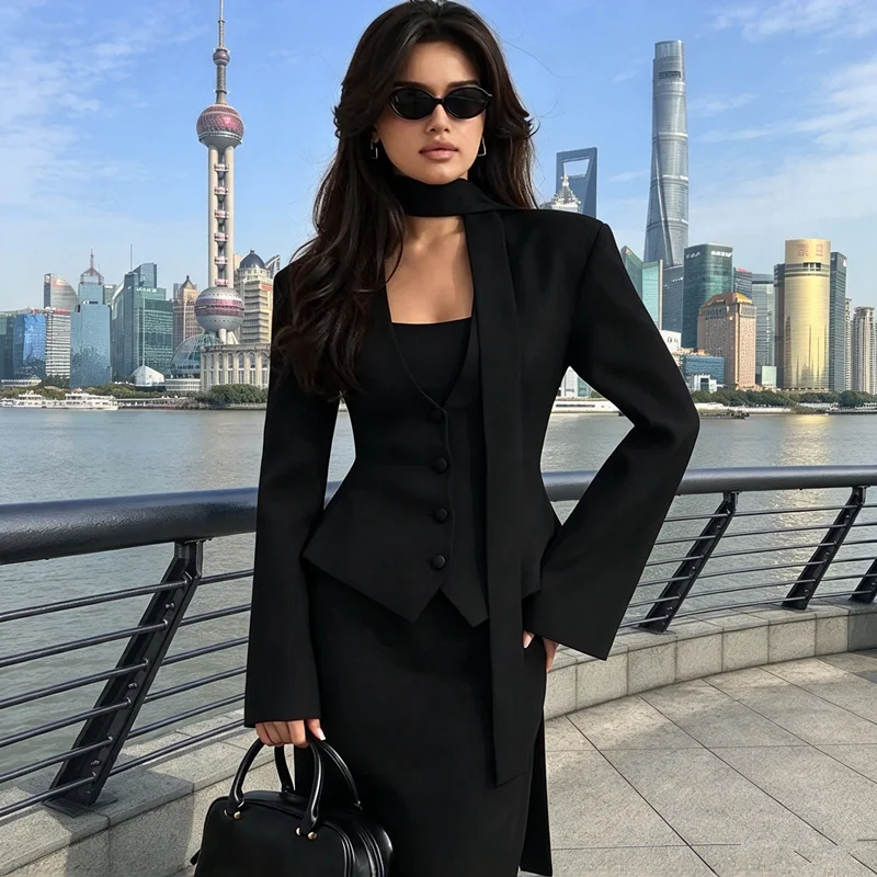 Elegant Women Cropped Suit Jacket with Neck Scarf V Neck Flare Sleeve Slim Fit Solid Blazer Fashion Office Casual Outerwear