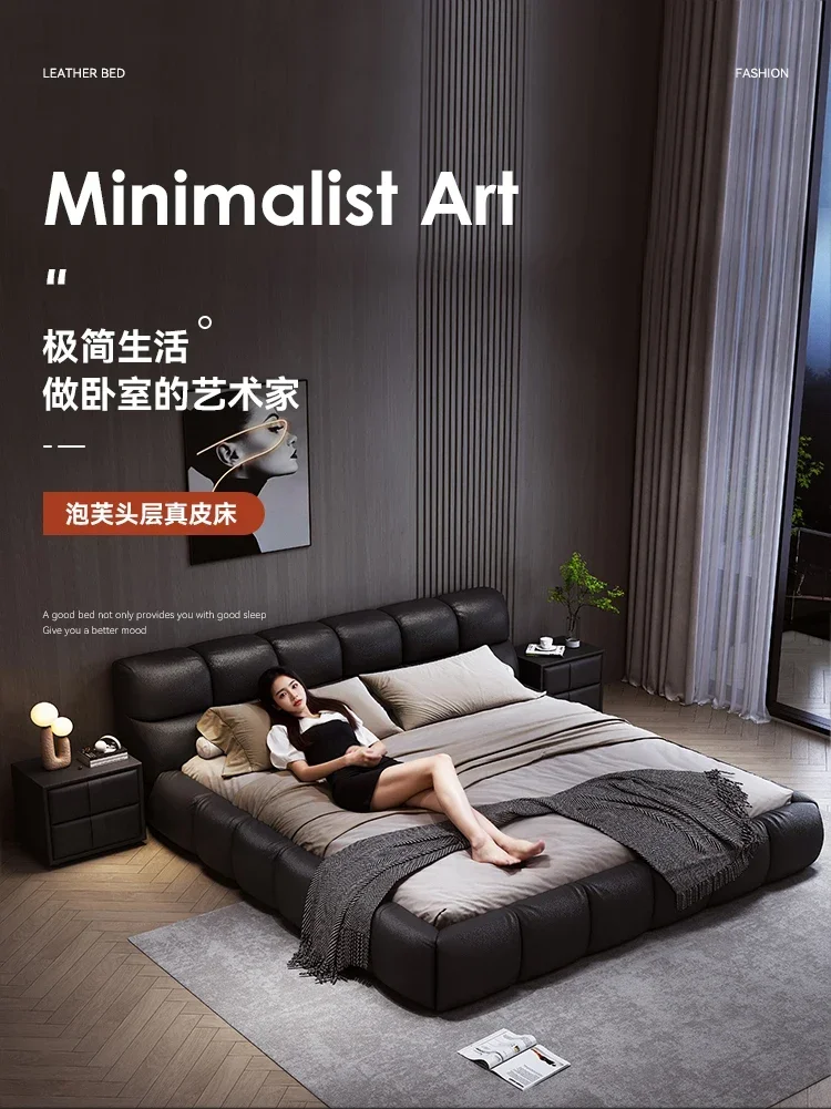 Italian minimalist first-layer cowhide puff leather bed Modern minimalist 2m x 2m 2 villa queen bed Master bedroom double bed