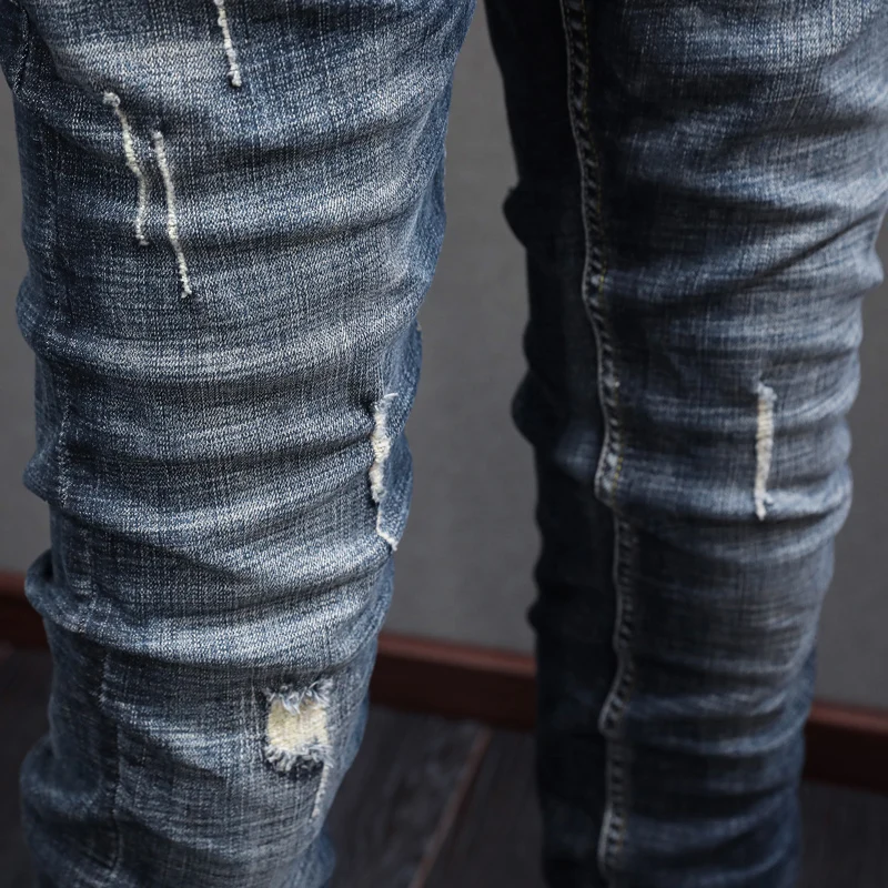 Fashion Designer Men Jeans High Quality Retro Black Blue Elastic Slim Fit Ripped Jeans Men Italian Style Vintage Denim Pants
