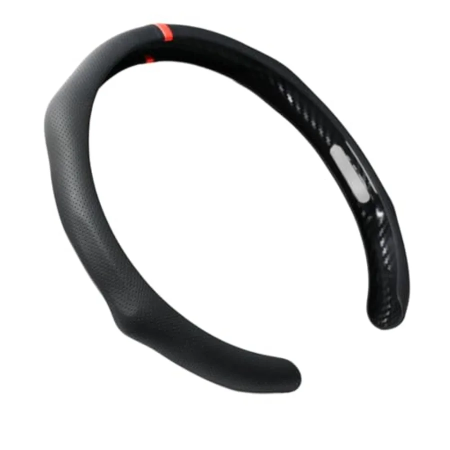 

Quick Install Sporty Perforated Nappa Leather Steering Wheel Cover with Red Circular Stripe Trim Universal fit Any 14½ to 15 in